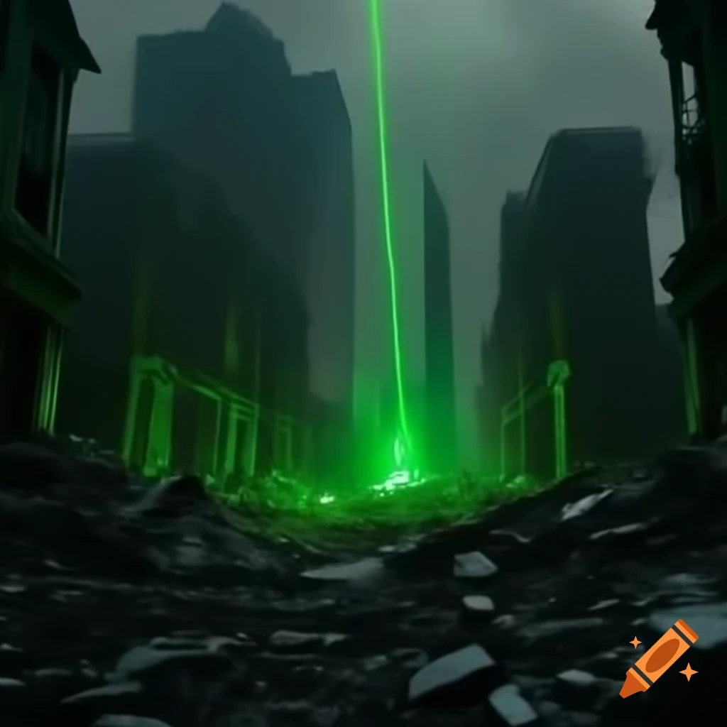 Dystopian city ruins with green laser fire in the background