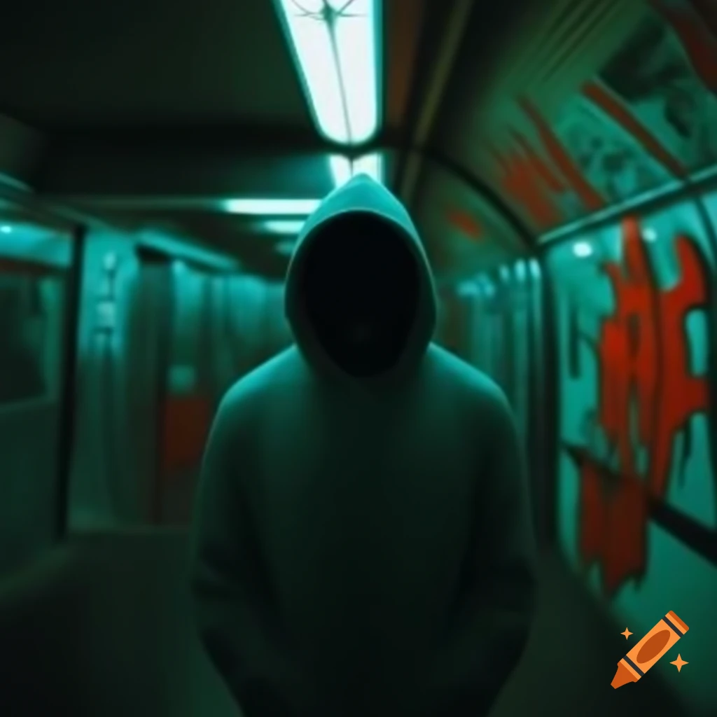 Lonely man in hoodie standing in metro with dark neon lights and graffiti