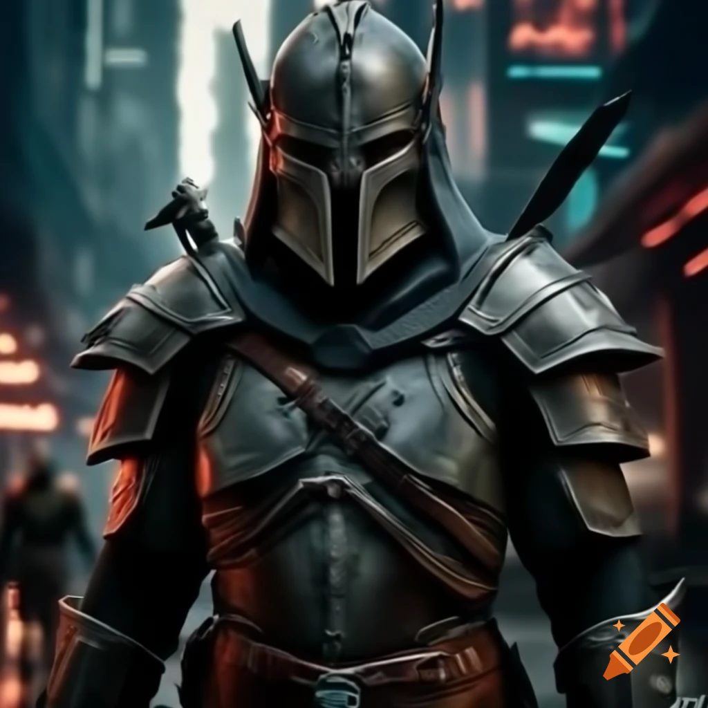 Skyrim warrior in daedric armor in cyberpunk city setting