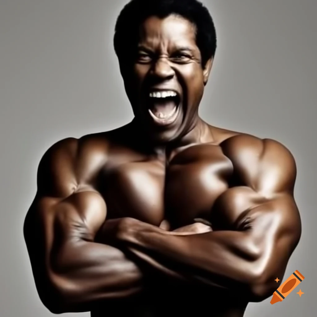 Denzel Washington with exaggerated muscular physique