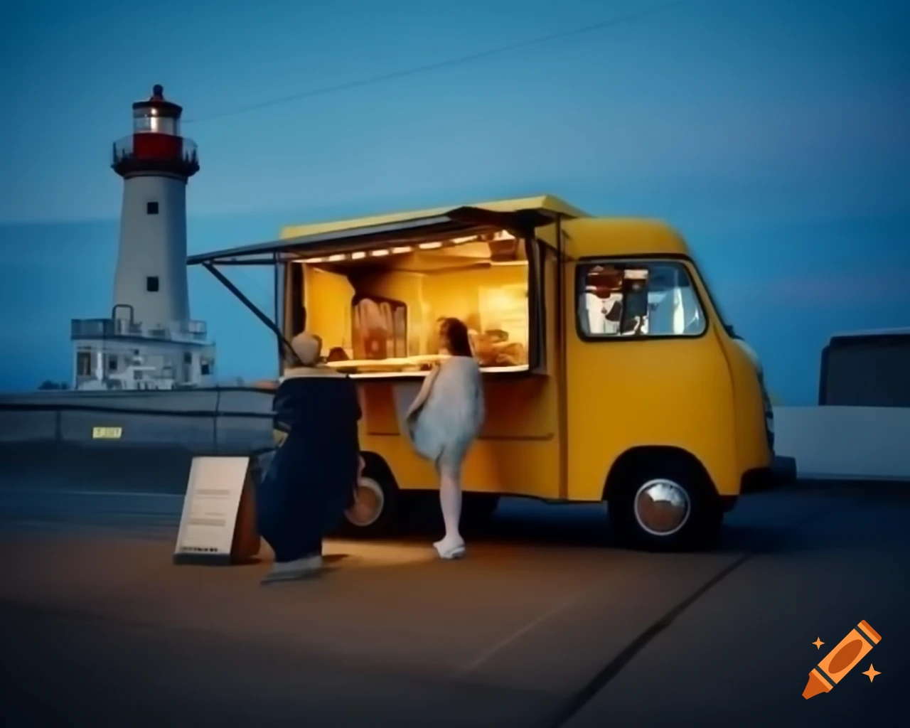 Yellow food truck by the sea at sunset with customers enjoying the view