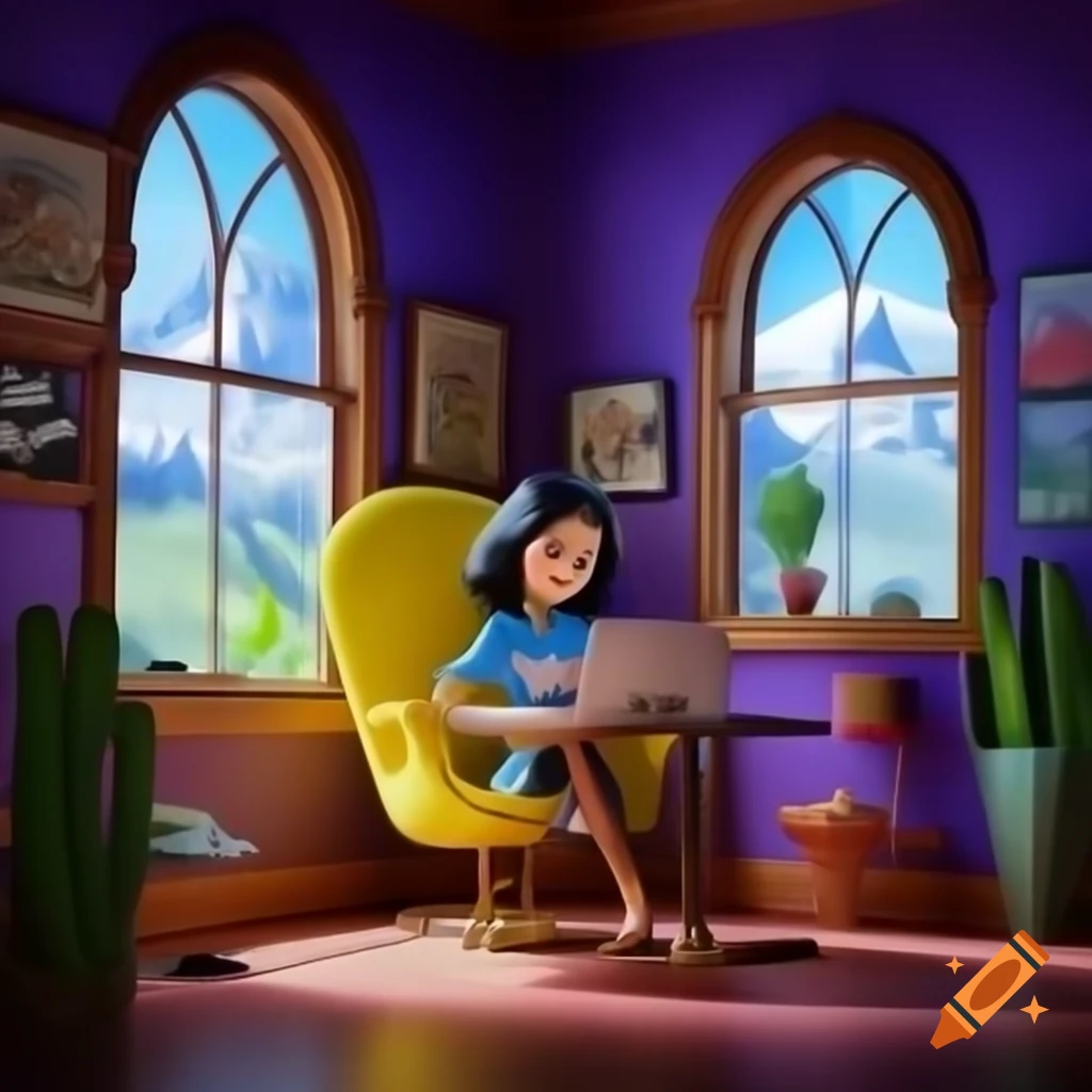 Realistic 3D scene of dark-haired girl in yellow armchair using laptop in stylish interior