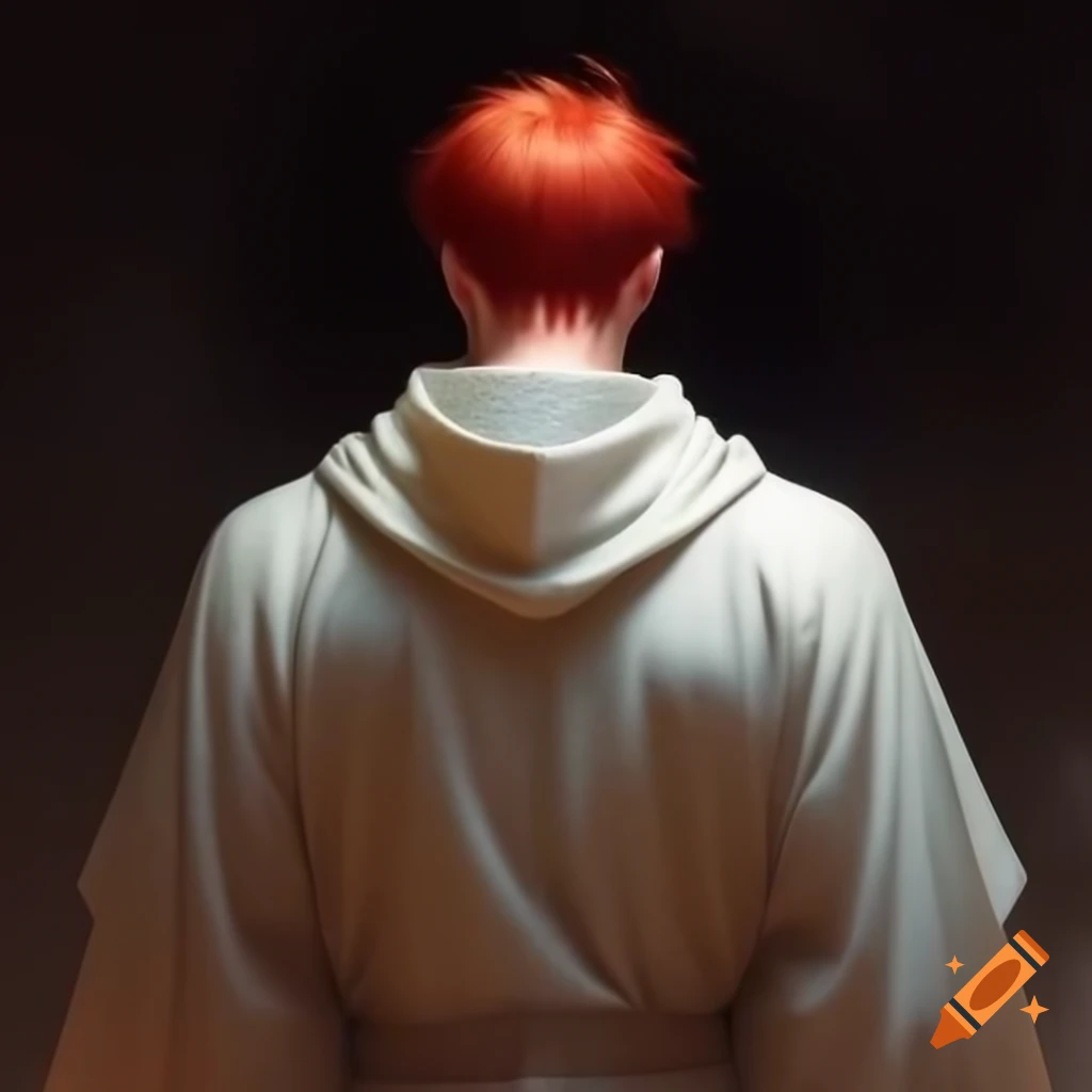 Priest with red hair in white robe viewed from behind