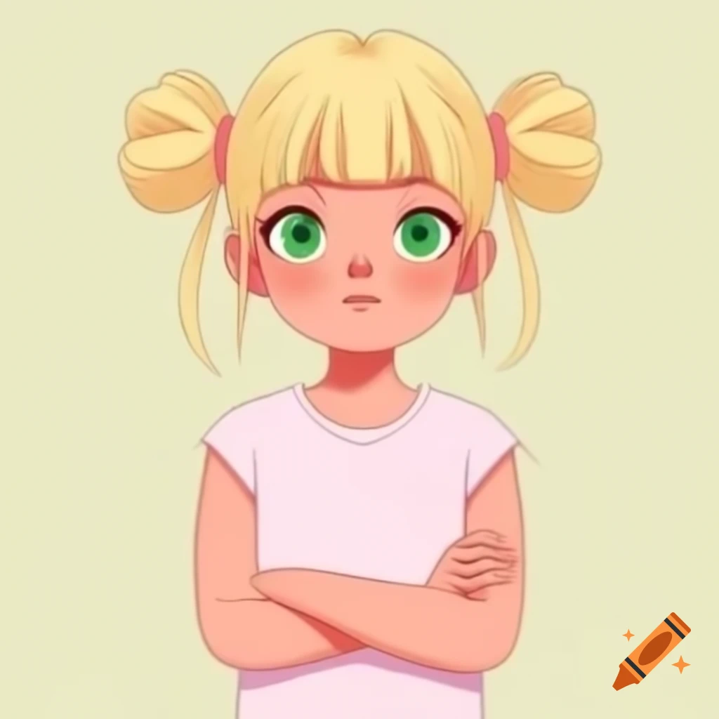 Anime girl with blonde hair and green eyes in light pink sleeveless t-shirt, arms crossed