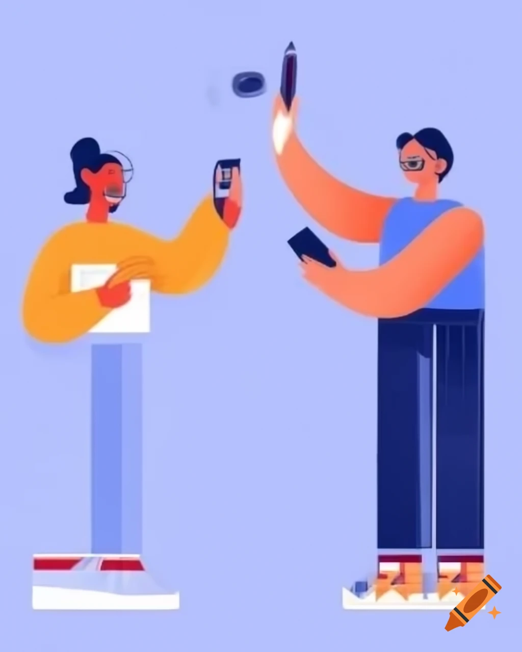 Two people exchanging phone and clothing items
