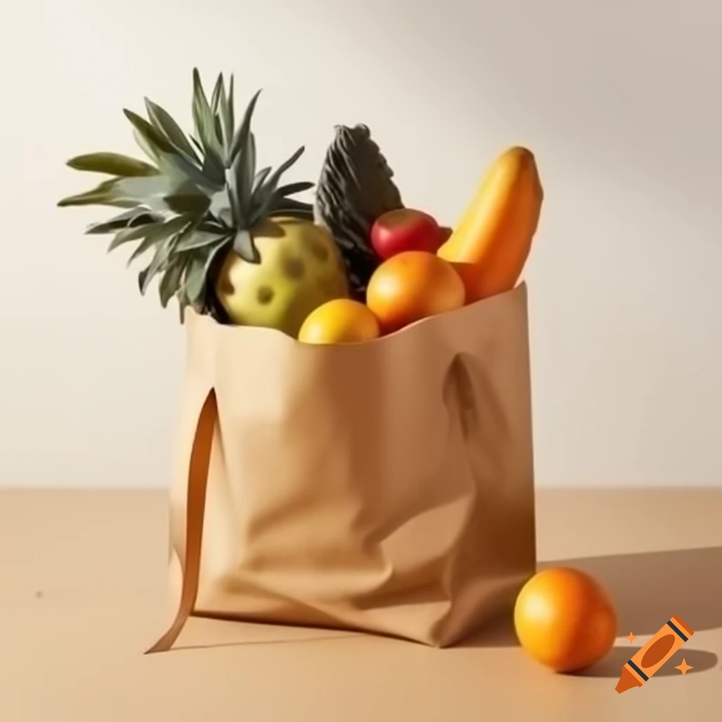 Brown paper bag filled with fresh fruits