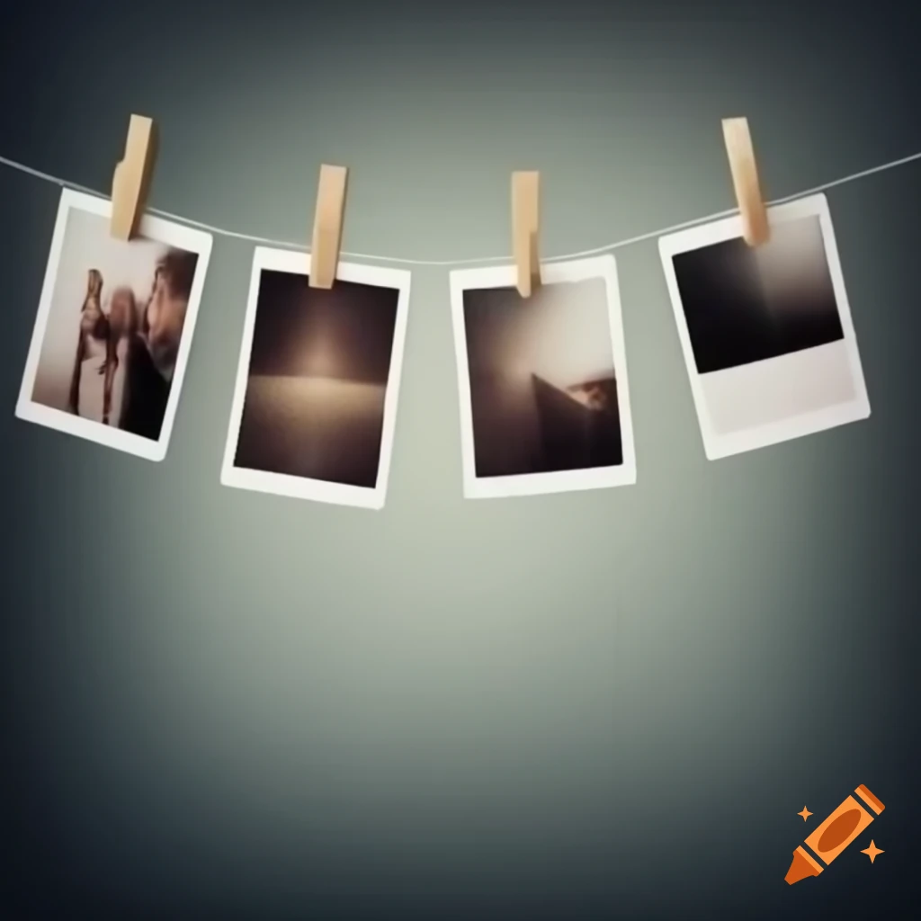 Clothes-lines with pictures drying, secured by clothespins