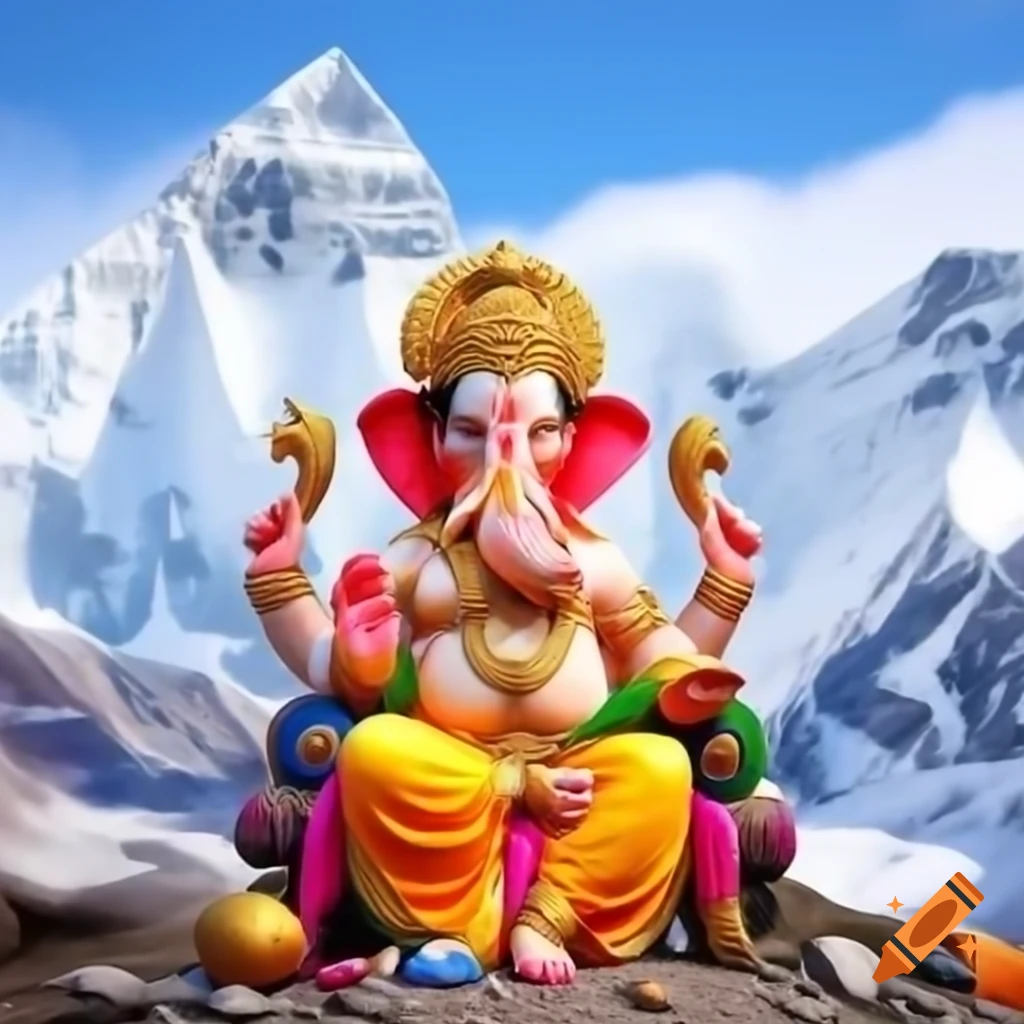 Lord Ganesh sitting in Kailash Mountain with Lord Shiva and Parvati, wishing Happy Vinayaka Chaviti
