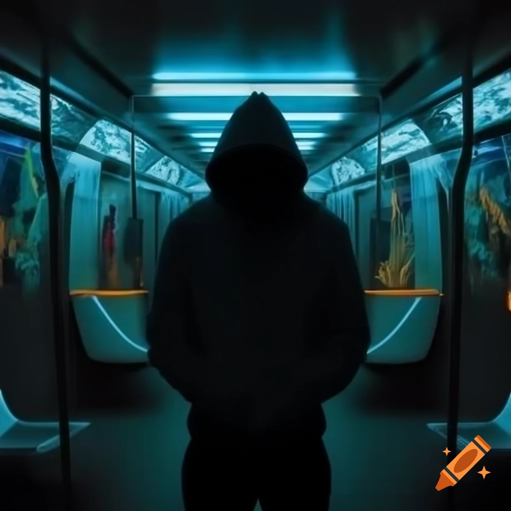 Lonely person in hoodie standing in metro with dark neon lights and graffiti