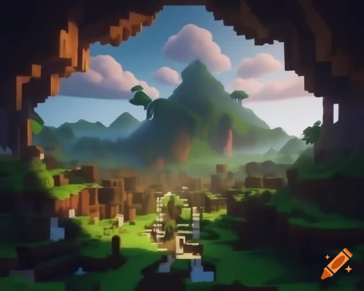 Arched mountain and village in Minecraft with villagers and vast landscape of mountains and lava