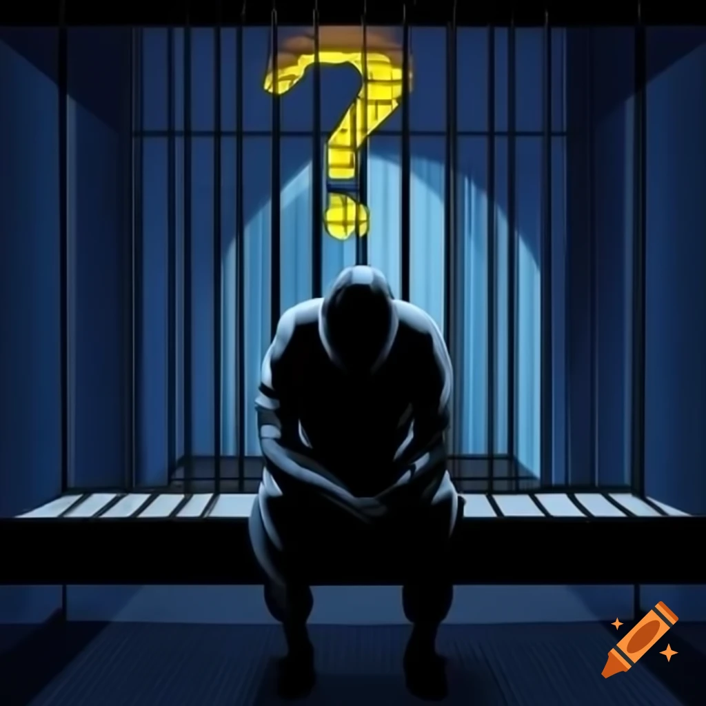 Person with question mark face sitting in dark room with prison bars
