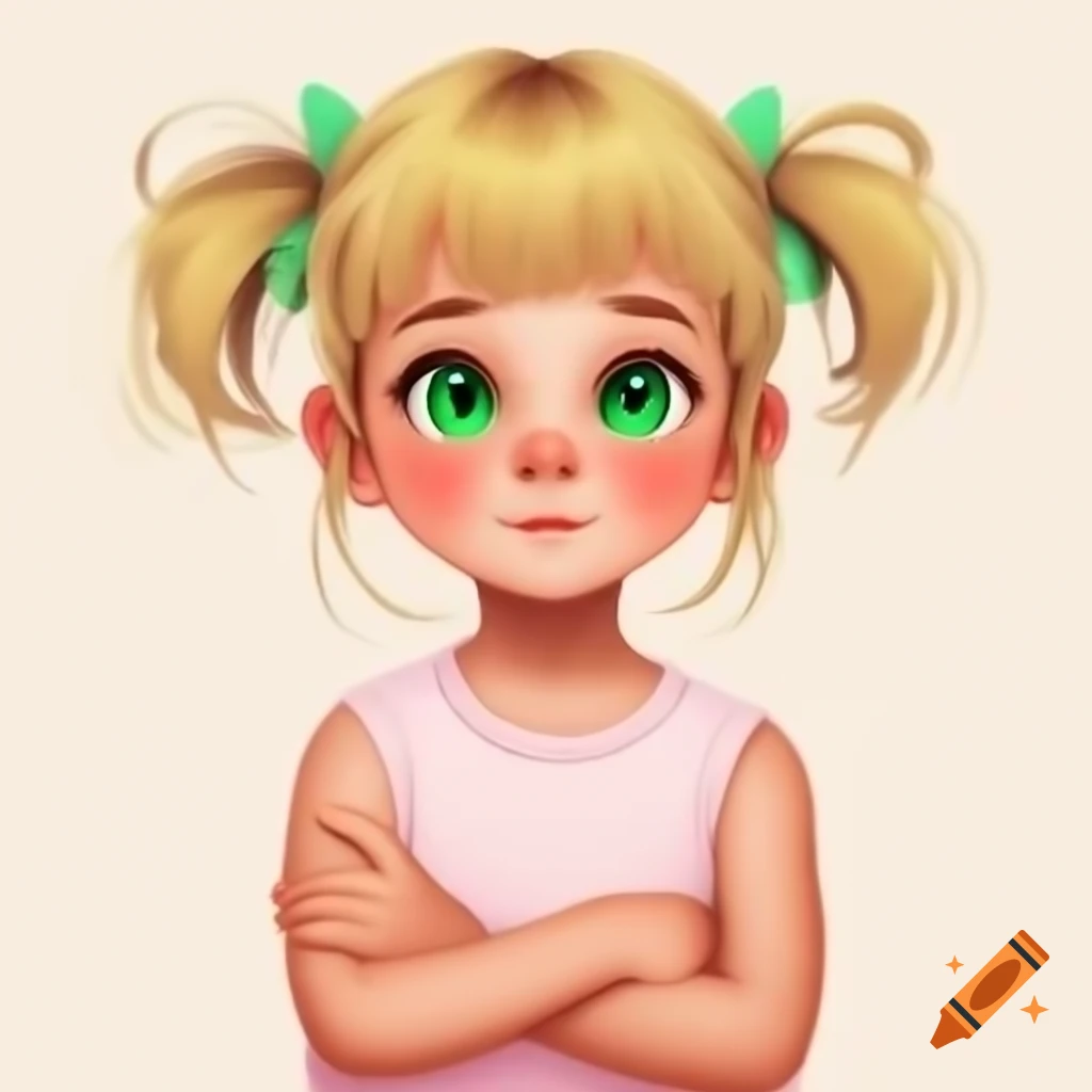 Anime girl with blonde hair and green eyes in light pink sleeveless t-shirt, arms crossed