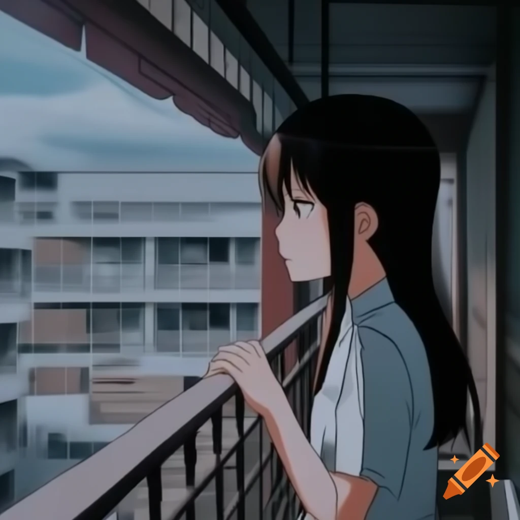 Anime character on balcony looking out