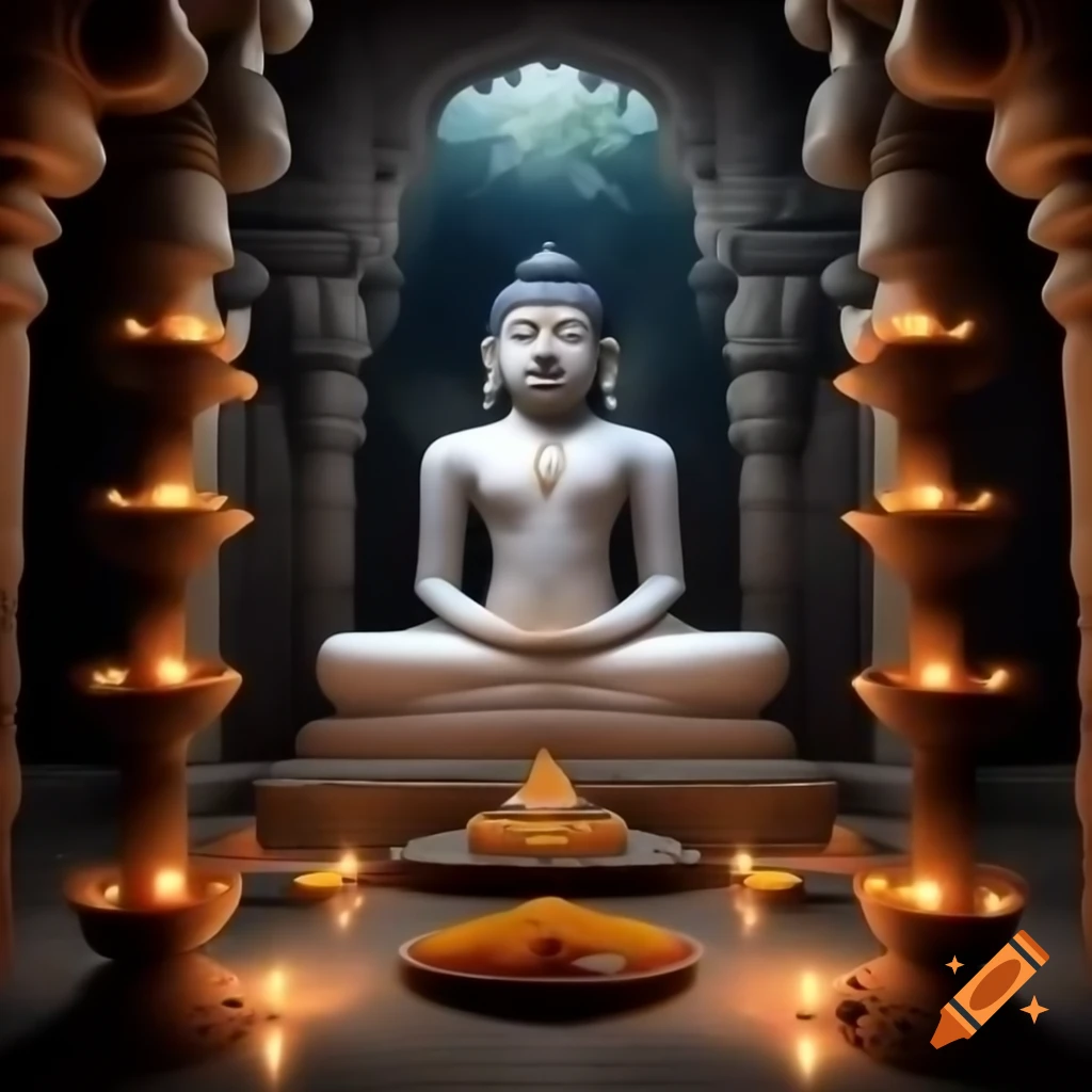 Serene Jain temple interior with marble statue of Lord Mahavira