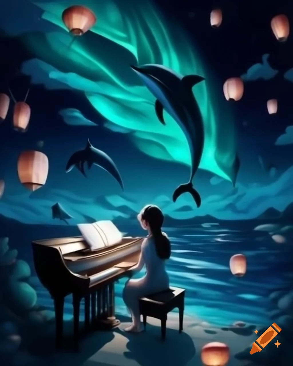 Woman playing piano on lake at night with luminous dolphins and whales, northern lights, and floating Japanese lanterns