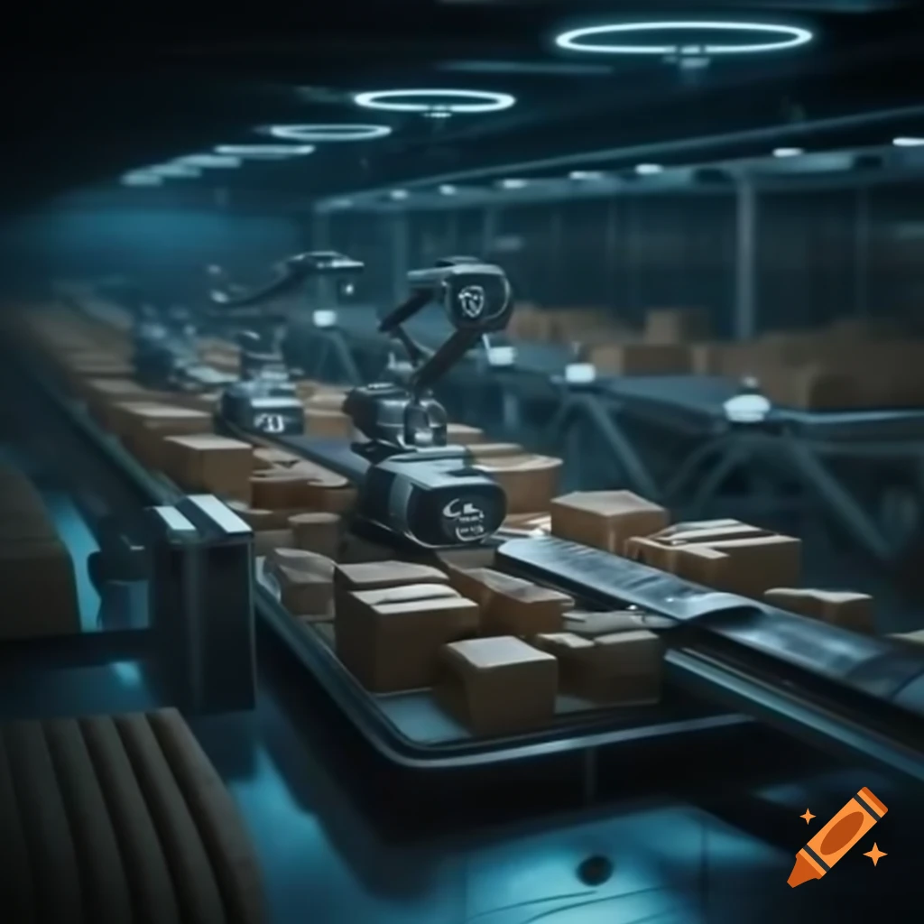 Futuristic automated warehouse with robots, conveyor belts, and outer space view