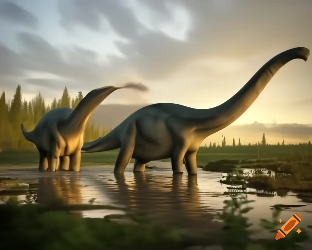 Three light grey Diplodocus walking along muddy bank of lake with driftwood and ferns at sunset