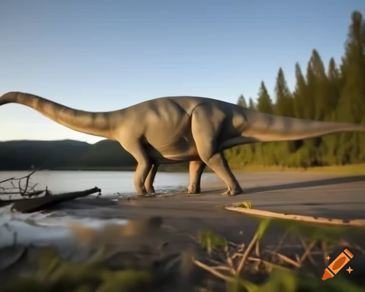 Light grey Diplodocus walking along muddy lake bank in British Columbia during golden hour