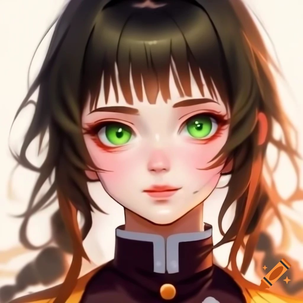 Full body drawing of female demon slayer with brown hair and green eyes