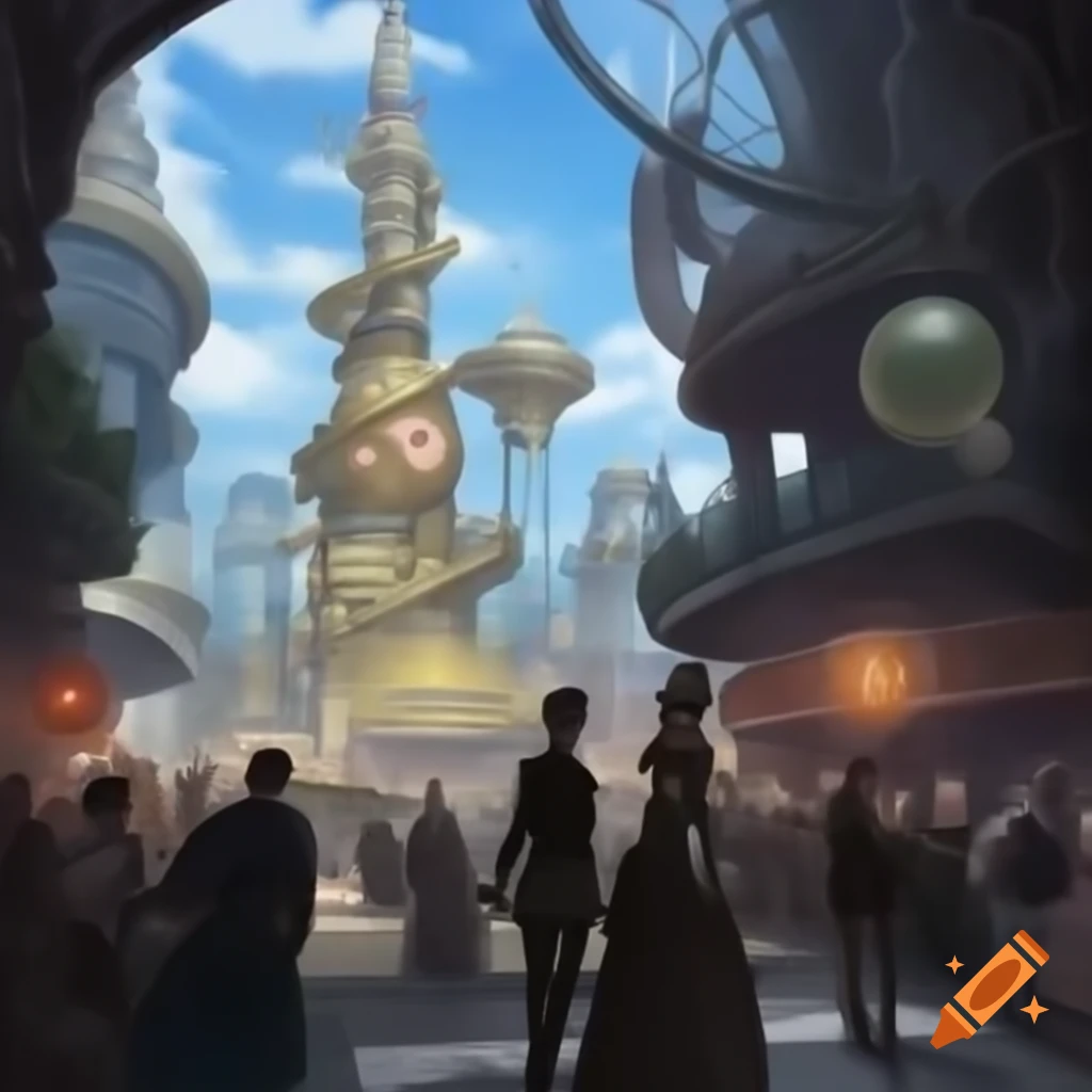 Steampunk metropolis with Victorian architecture and brass structures