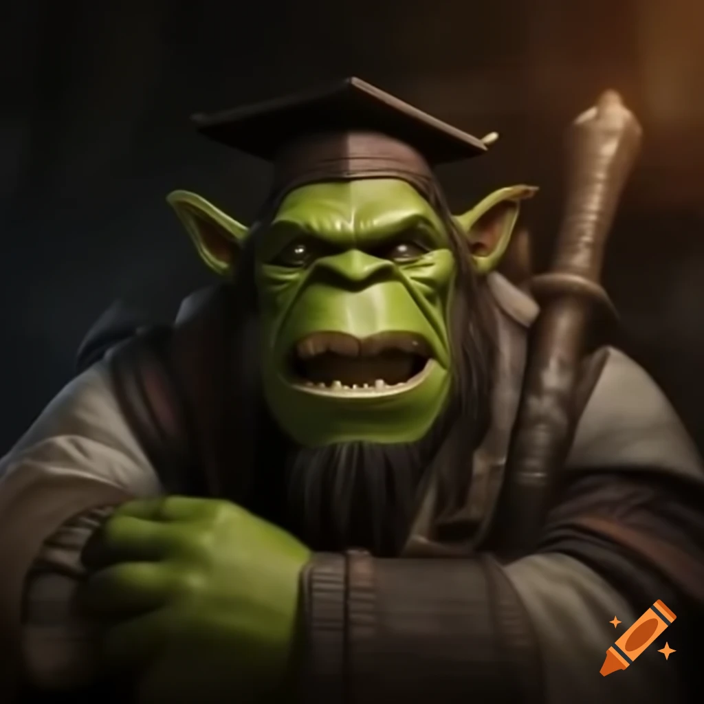Smirking green orc professor in university mantle and cap holding scrolls