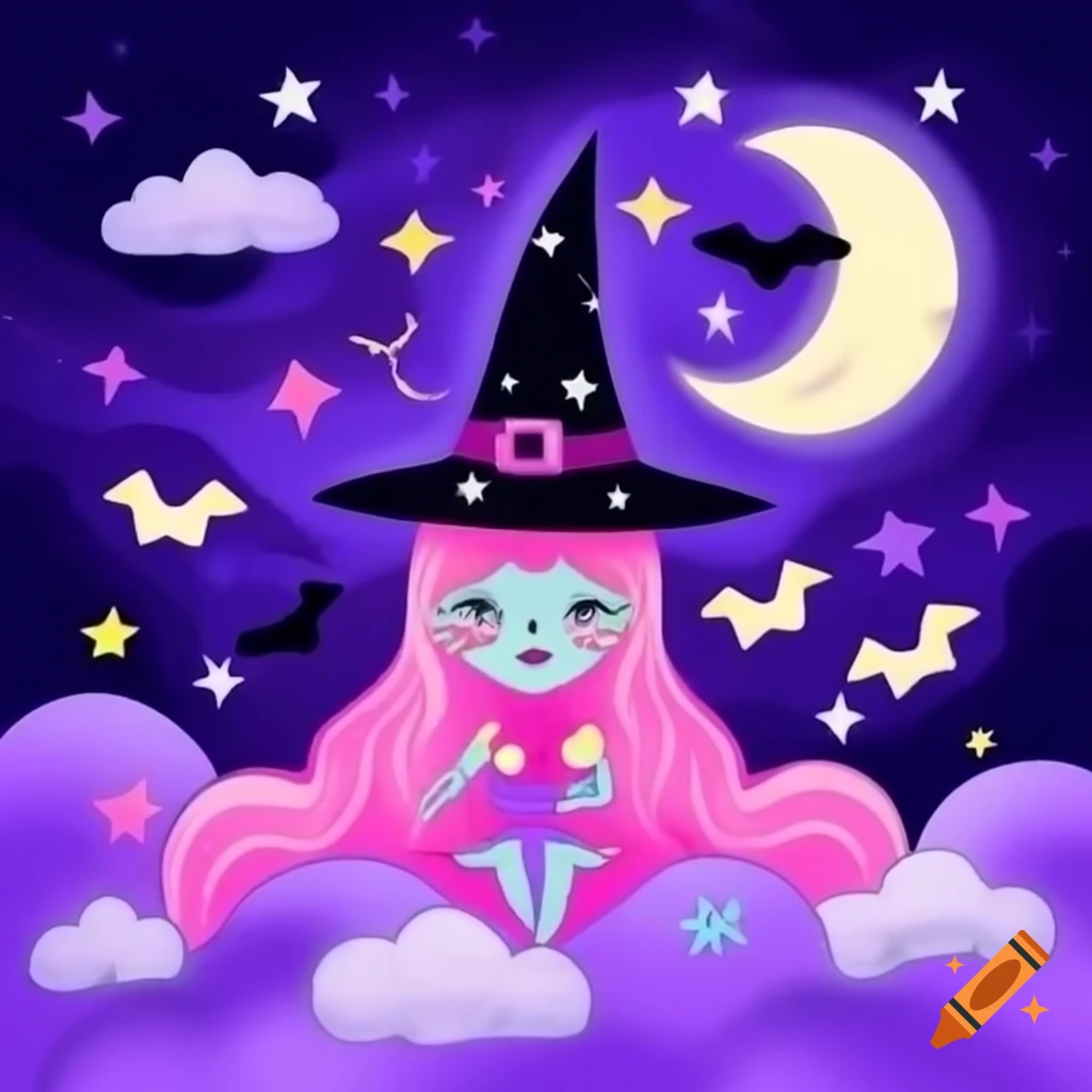 Pastel skyscape with clouds, stars, moon, and bats in whimsical style