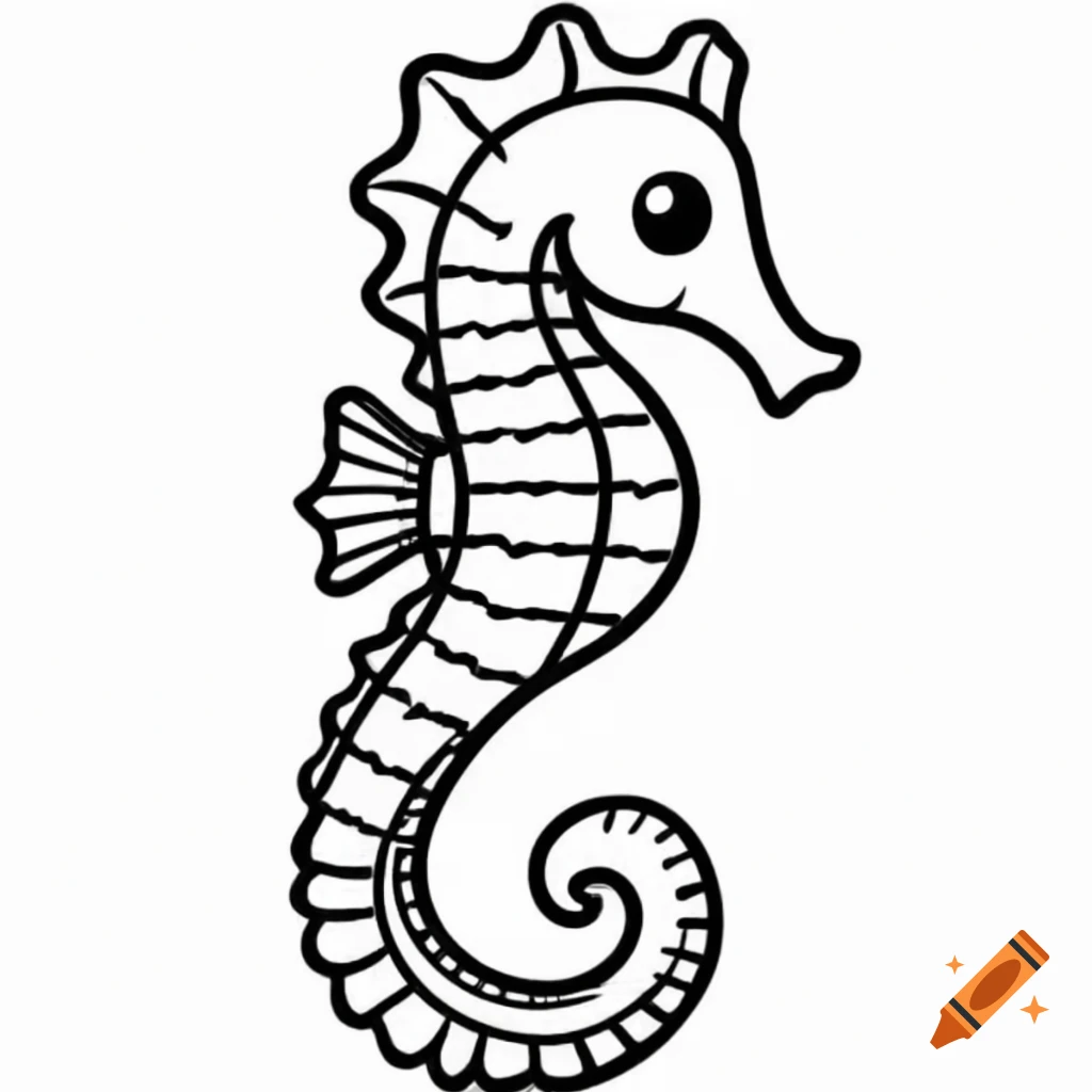 Black-and-white cartoon seahorse coloring page