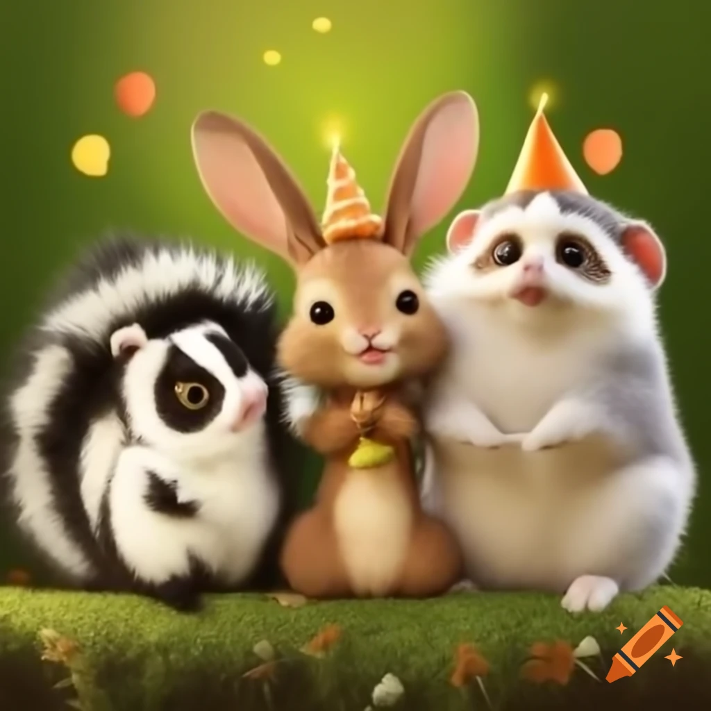 Three animals celebrating birthday: rabbit, skunk, slow loris