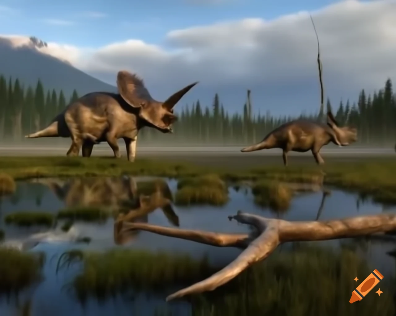 Herd of protoceratops crossing marsh with driftwood in British Columbia morning
