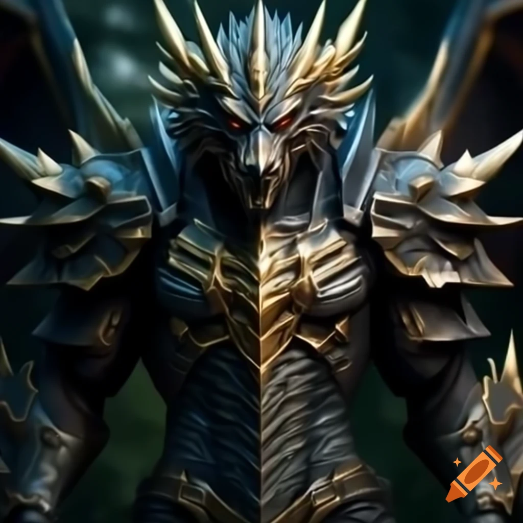 Black dragon in armor wielding a large golden blade