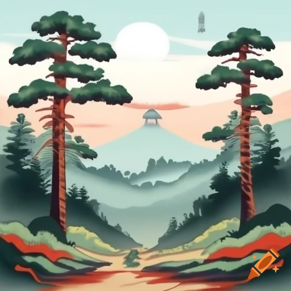 San Bernardino National Forest with tall pine trees, grey squirrel, fire lookout tower, and hiking trail in Hiroshige style