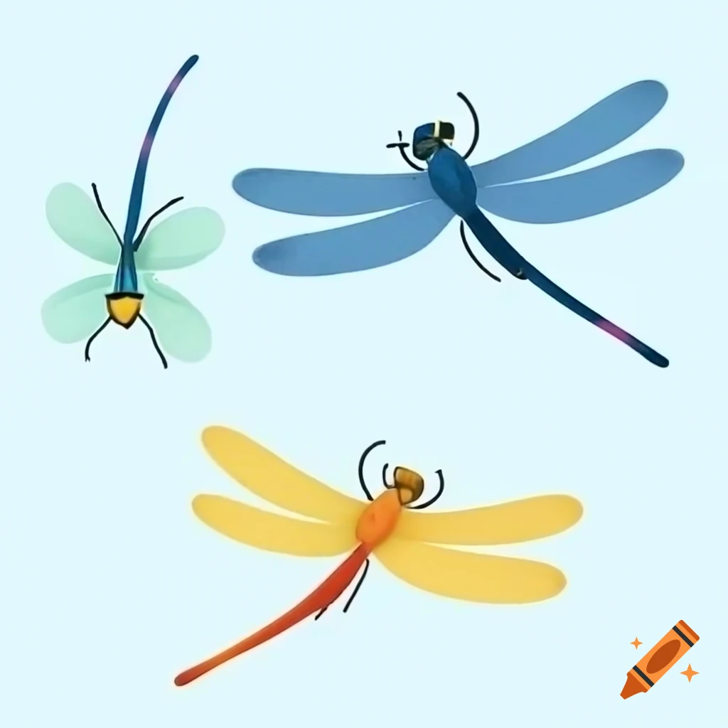 Three dragonflies: one yellow, one blue, and one small green