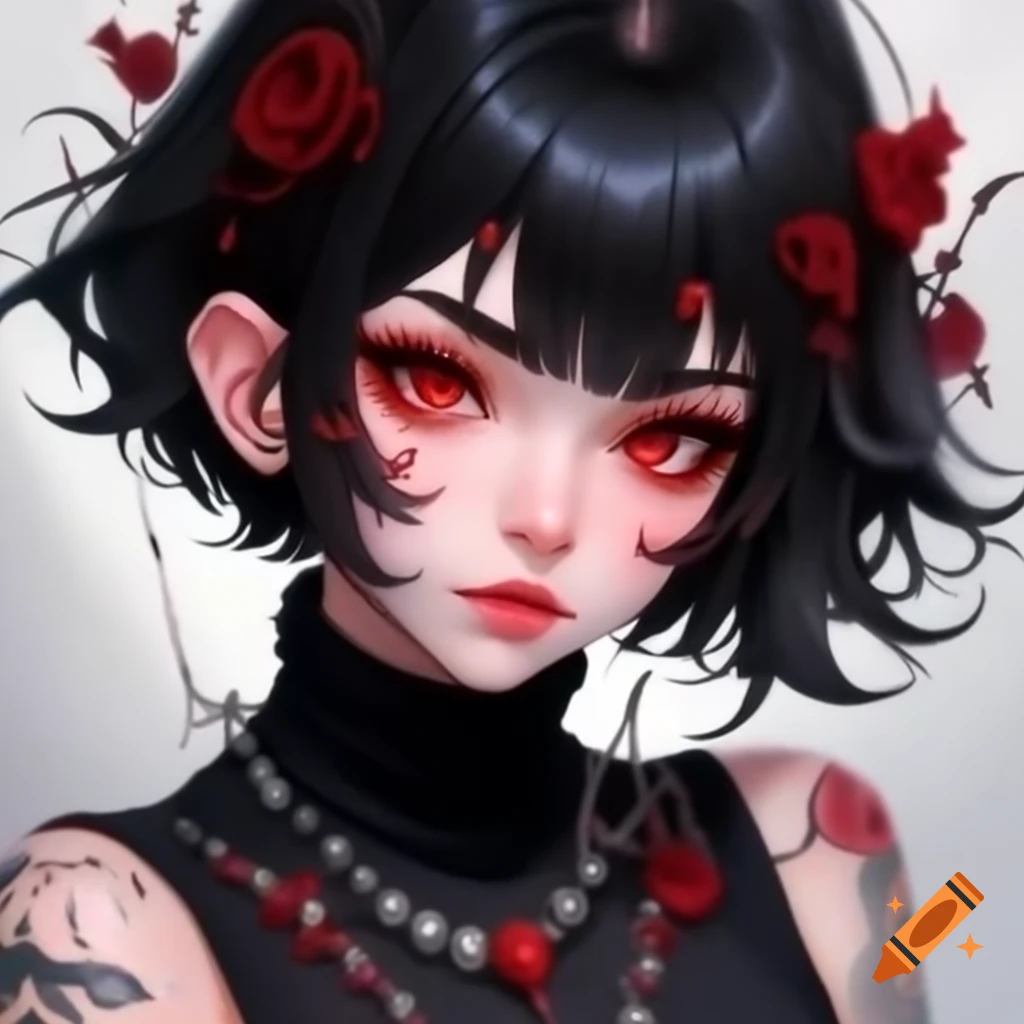 Anime girl with black hair and red eyes, wearing yarn-knit turtleneck and rose vine tattoos