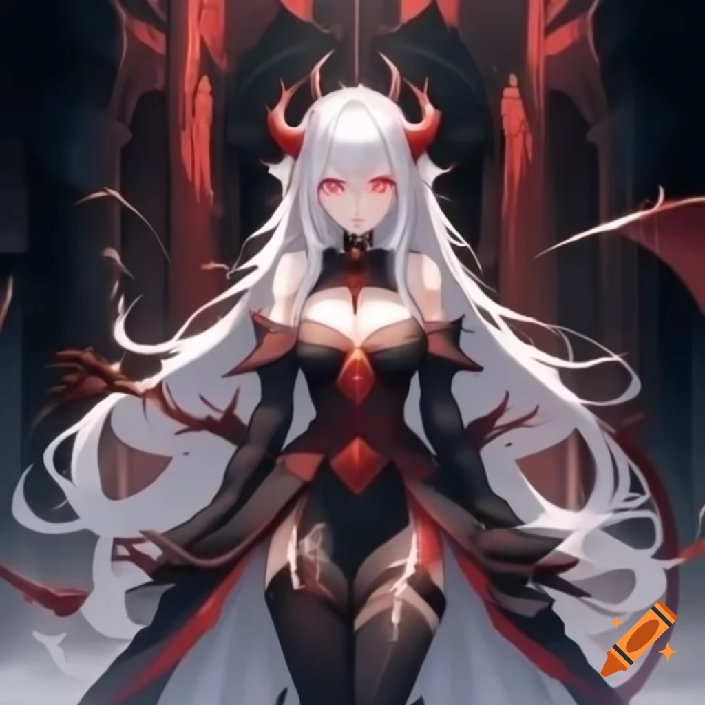 Anime demon queen with white hair and red eyes in demonic castle