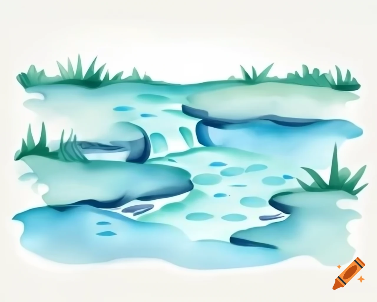 Cascading watercolor stream in aqua blue and teal, storybook style