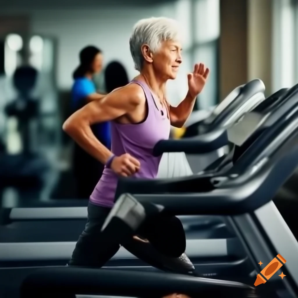 Old woman doing cardio on treadmill in gym