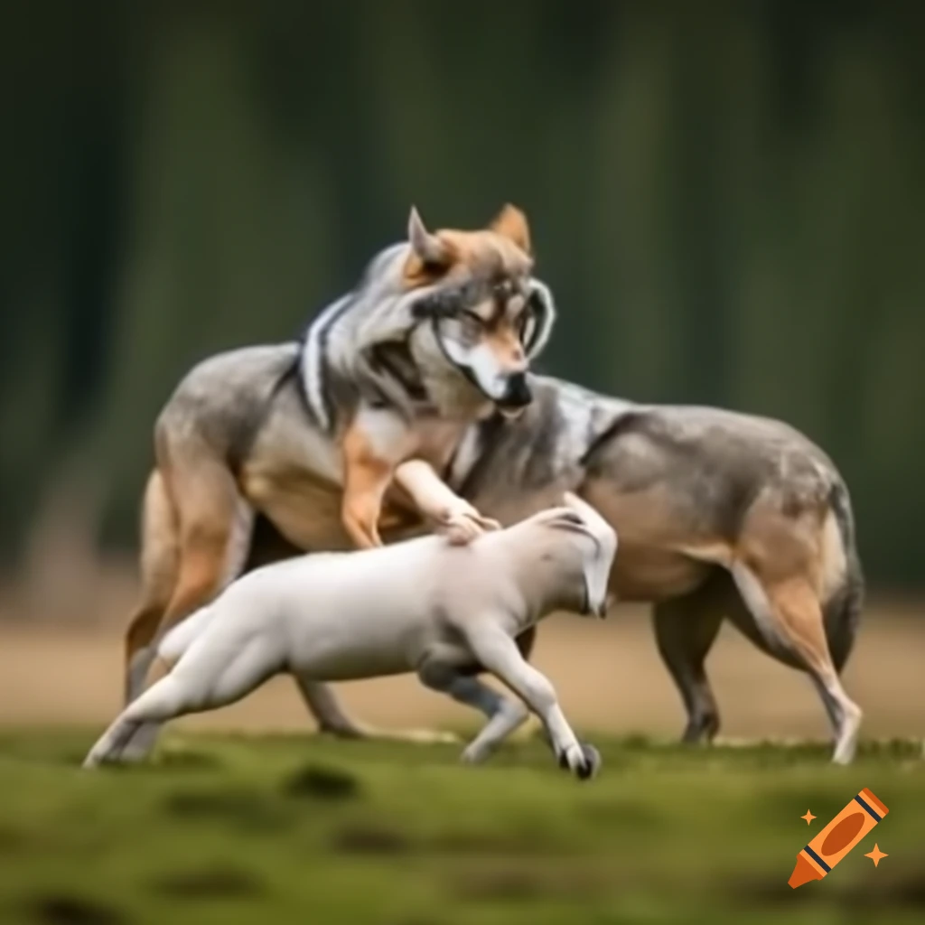 Wolves attacking a lamb in a dramatic wildlife scene