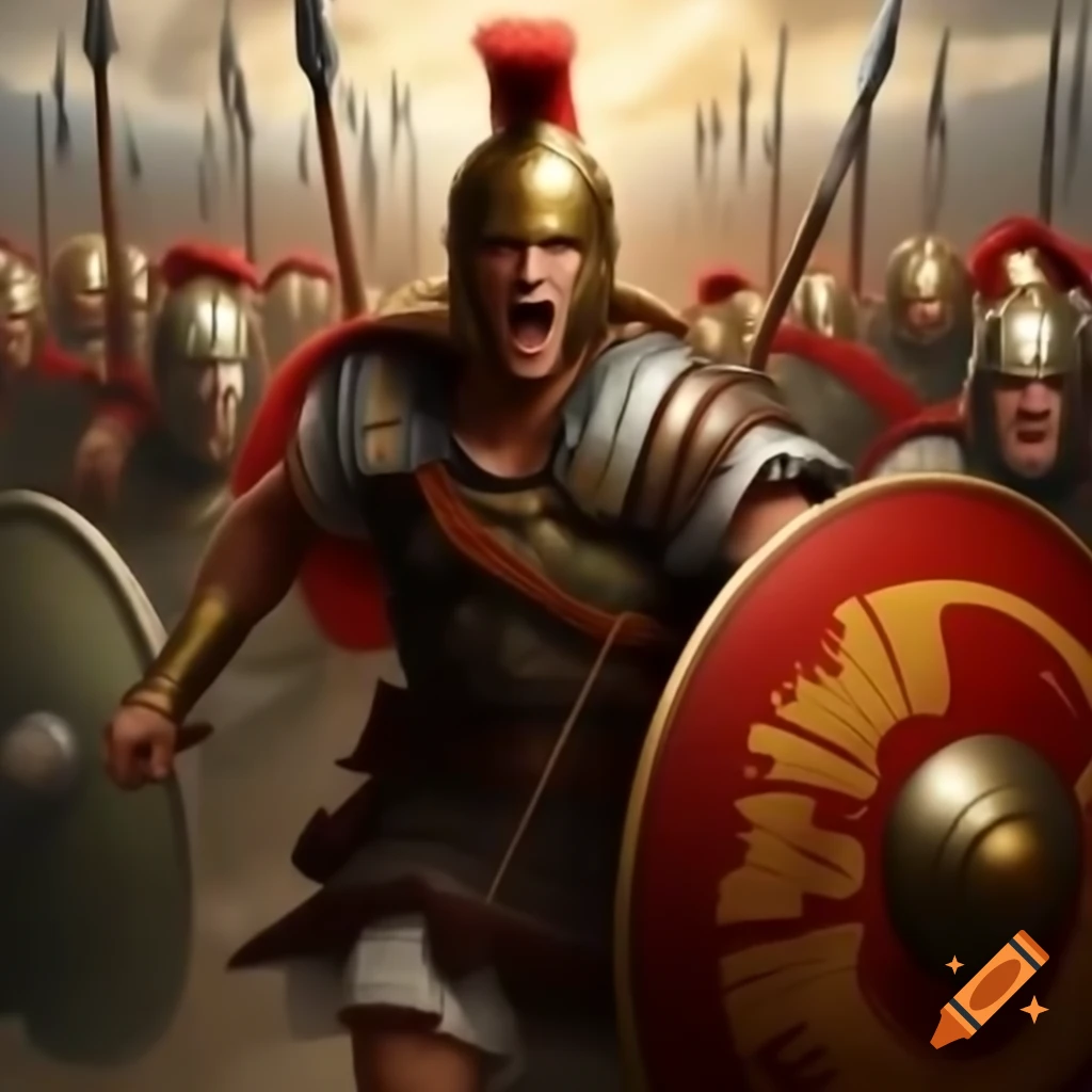 Young Alexander the Great in Macedonian armor charging into battle with soldiers
