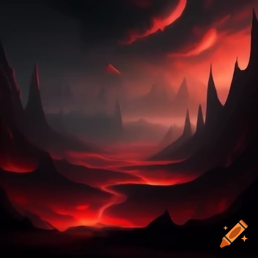 Desolate demonic landscape with dark sky and red glowing rifts