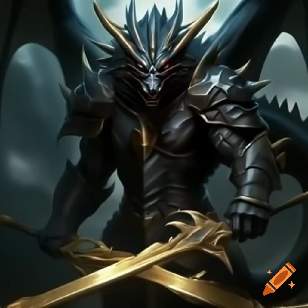 Black dragon in armor wielding large golden blade