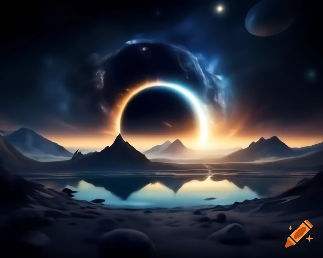 3D representation of mountain lake at sunset with sun rays and island