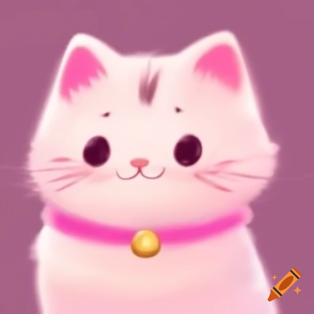 Pastel pink cartoon cat with collar and big sparkling eyes