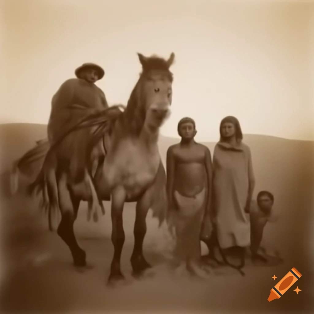 Sepia photo of villagers alongside giant horse statue