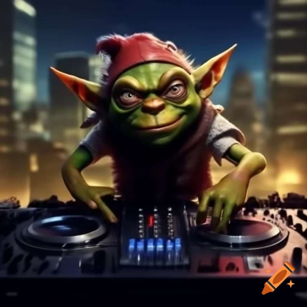 Red goblin DJ performing at urban rooftop party