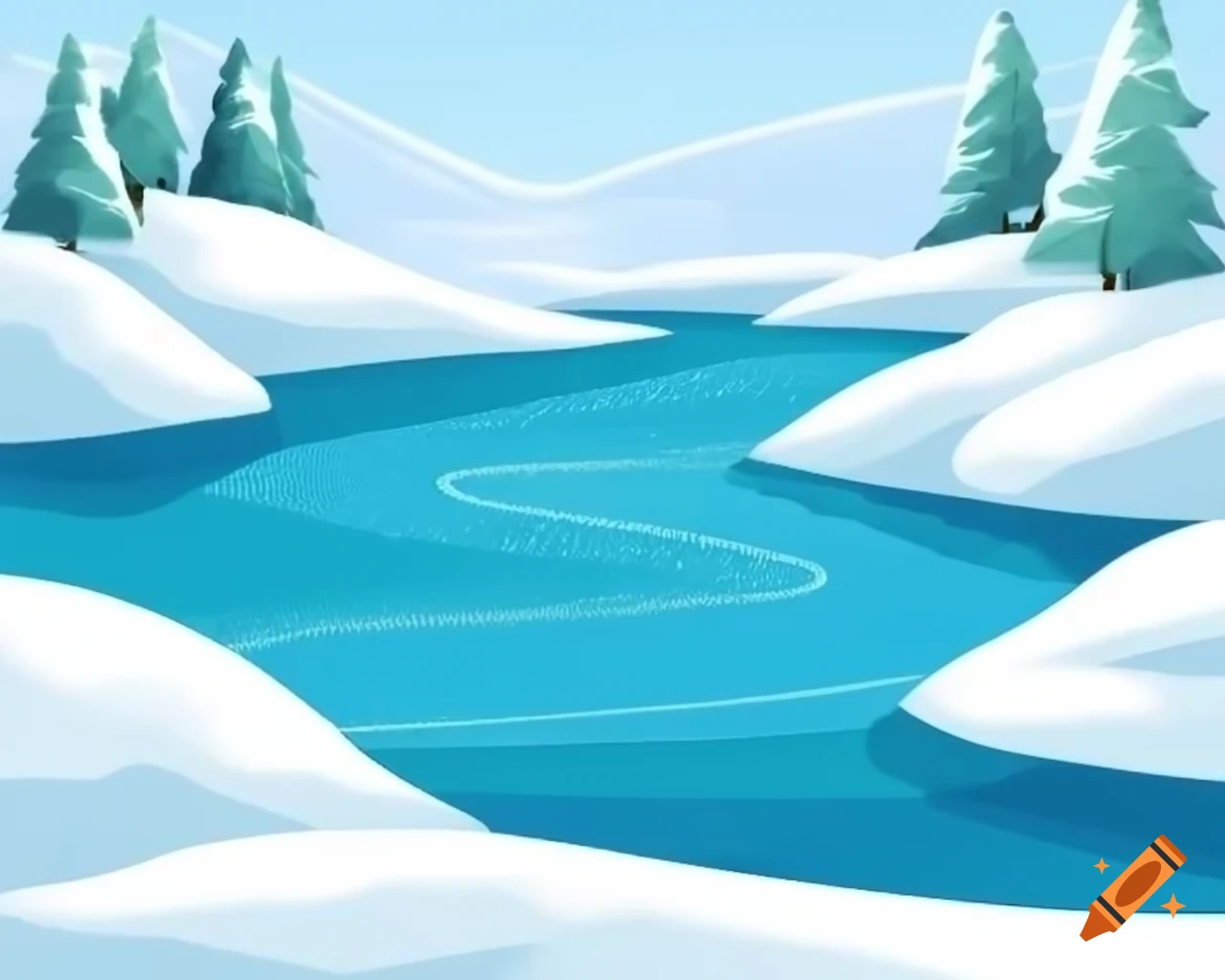 Winter lake in aqua teal and white storybook style