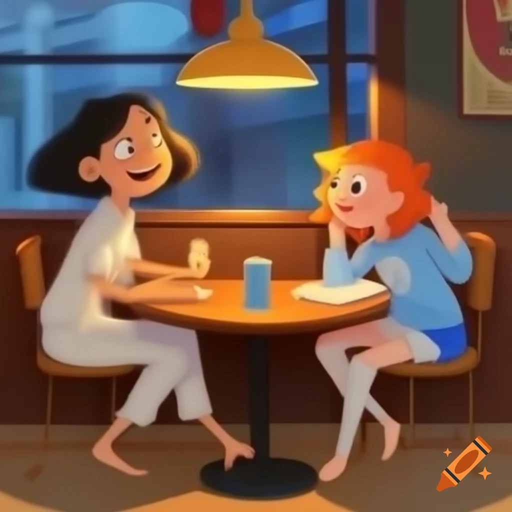Group of women in 2D cartoon style enjoying coffee at a cafe