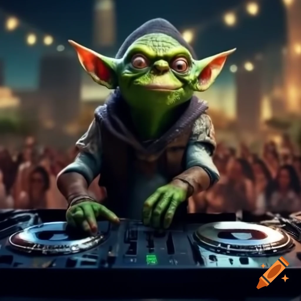 Goblin DJ performing at a lively rooftop party