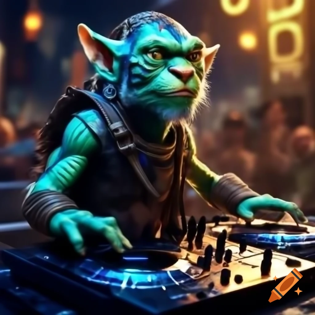 Cyan and orange tiger goblin DJing at rooftop party