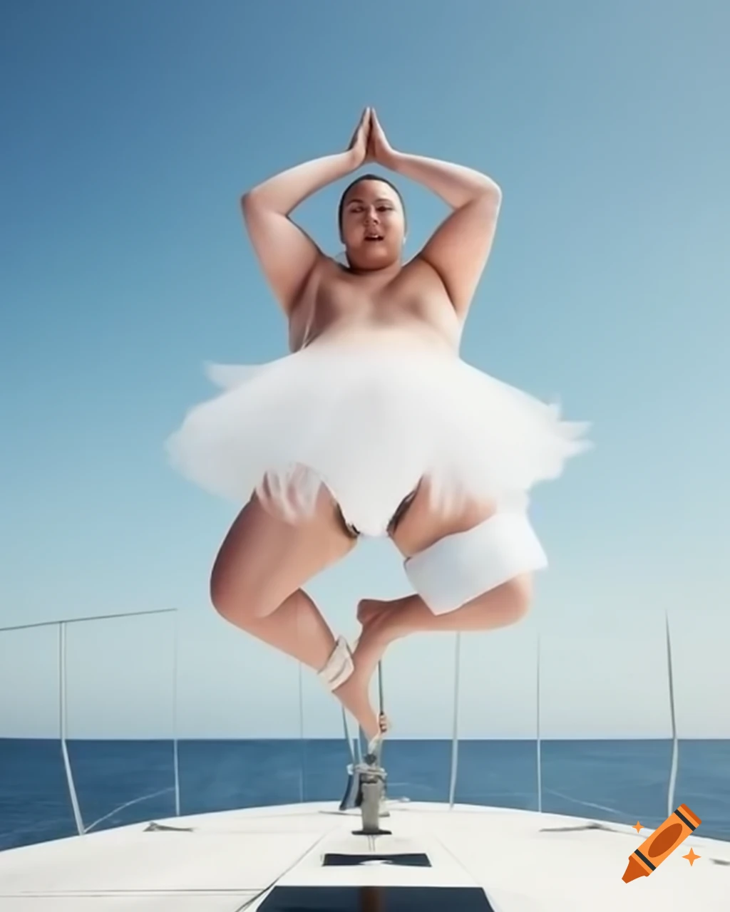 Comedic portrait of a person doing jumping jacks in whimsical attire on a yacht