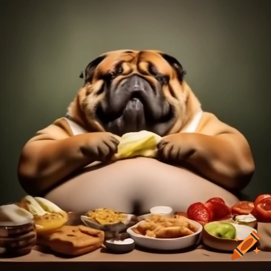 Chubby dog with food, looking adorable